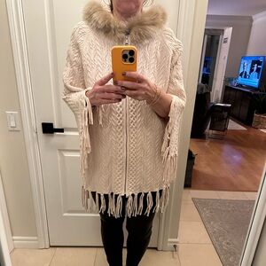 Coat sweater with faux fur trimmed hood